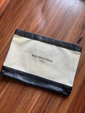 Balenciaga Canvas Clutch Pouch Black Leather Trim Paris Logo Authentic